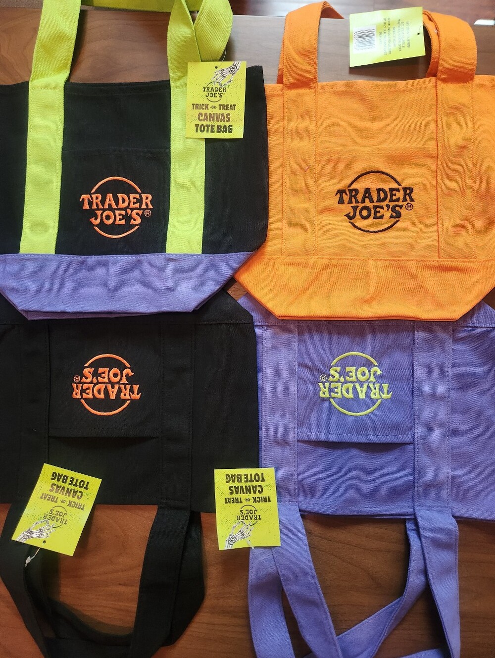 Trader Joe's Trick Or Treat Canvas Tote Bags - Orange, Black, Purple, And Multi